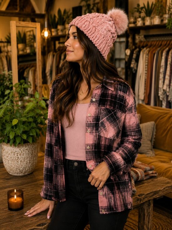 Dainty NYC Accessories - Blush Pink Chenille Cable Knit Beanie